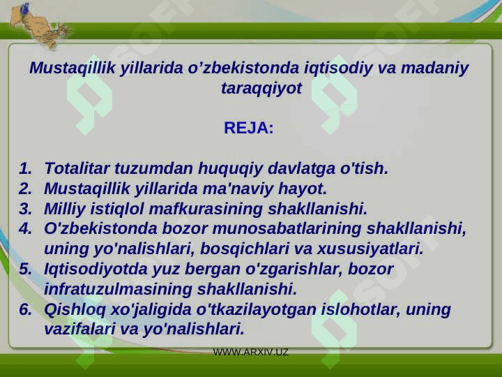 Mustaqillik yillarida o’zbekistonda iqtisodiy va madaniy taraqqiyot 2