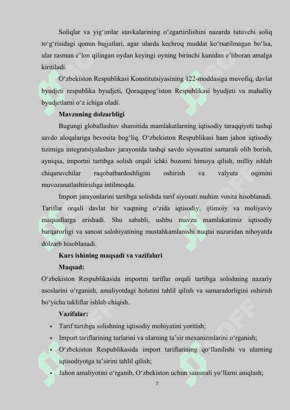 Importni tariflar orqali tartibga solish (O’zbekiston Respublikasi misolida) 5
