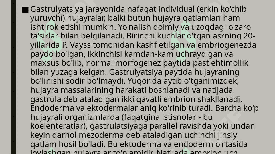 Gastrulyatsiya. Gastrulyatsiya usullari va ularning organizim taraqqiyotI darajasiga bog‘liqligi 6