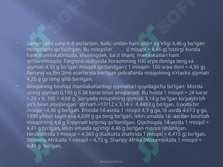 “O’RTA OSIYODA QO’LLANILGAN OG’IRLIK, UZUNLIK VA HAJM O'LCHOV BIRLIKLARI 5