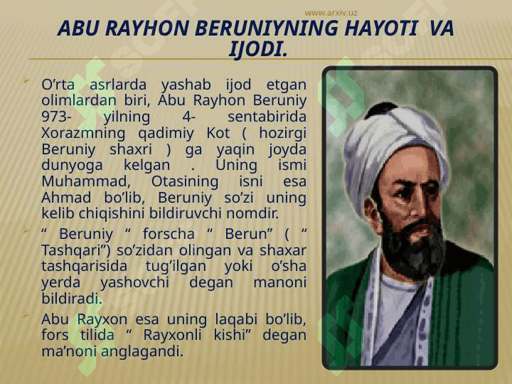 BEruniyning Tabiiy Fanlarga Qo’shgan Hissasi 3