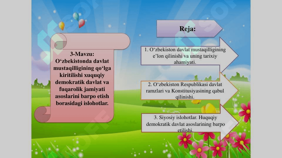 O’zbekistonda davlat mustaqilligining qo’lga kiritilishi va huquqiy demokratik davlat va fuqarolik jamiyati asoslarini barpo etish borasidagi islohatlar. 2