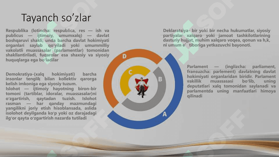 O’zbekistonda davlat mustaqilligining qo’lga kiritilishi va huquqiy demokratik davlat va fuqarolik jamiyati asoslarini barpo etish borasidagi islohatlar. 3