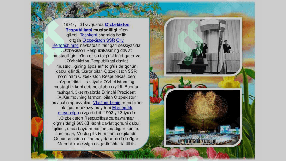 O’zbekistonda davlat mustaqilligining qo’lga kiritilishi va huquqiy demokratik davlat va fuqarolik jamiyati asoslarini barpo etish borasidagi islohatlar. 7