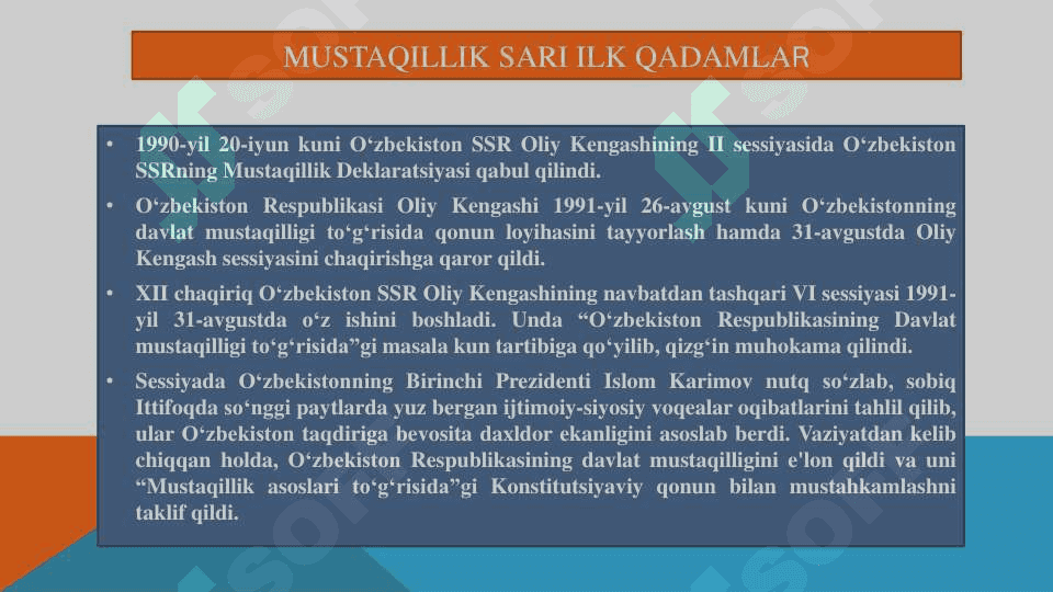 O’zbekistonda davlat mustaqilligining qo’lga kiritilishi va huquqiy demokratik davlat va fuqarolik jamiyati asoslarini barpo etish borasidagi islohatlar. 8