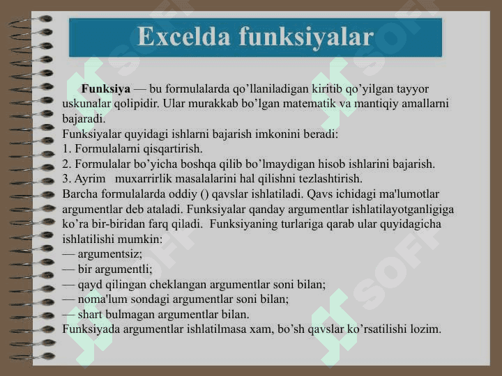 Ms Excel dasturida matematik amallar va funksiyalarni qo’llash 5