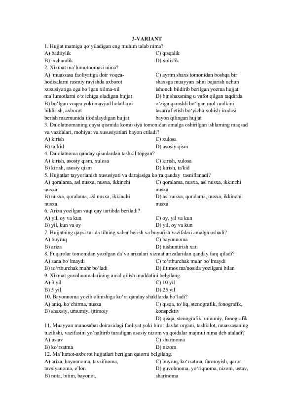 Davlat tilida ish yuritishdan variantli test 3-variant 1