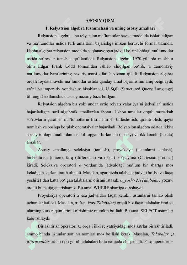 Relyatsion algebra va relyatsion hisoblash elementlari 4