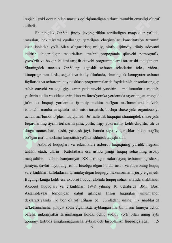 O'zbekiston Respublikasida ommaviy axborot vositalarining faoliyati (o’zgarish va muammolar) 5