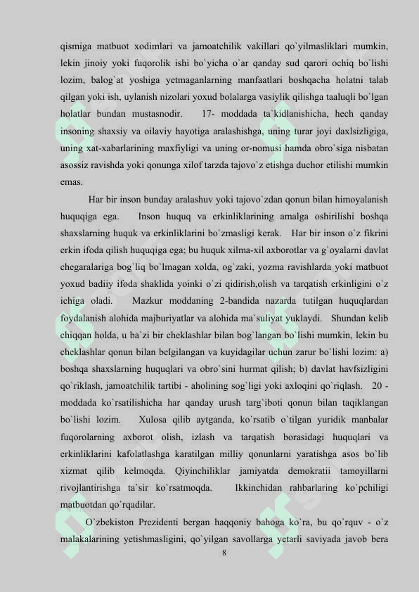 O'zbekiston Respublikasida ommaviy axborot vositalarining faoliyati (o’zgarish va muammolar) 8