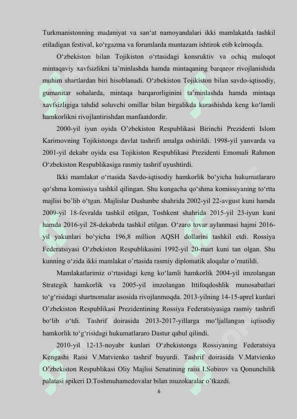 O'zbekistonning MDH davlatlari bilan o'zaro hamkorligi 6
