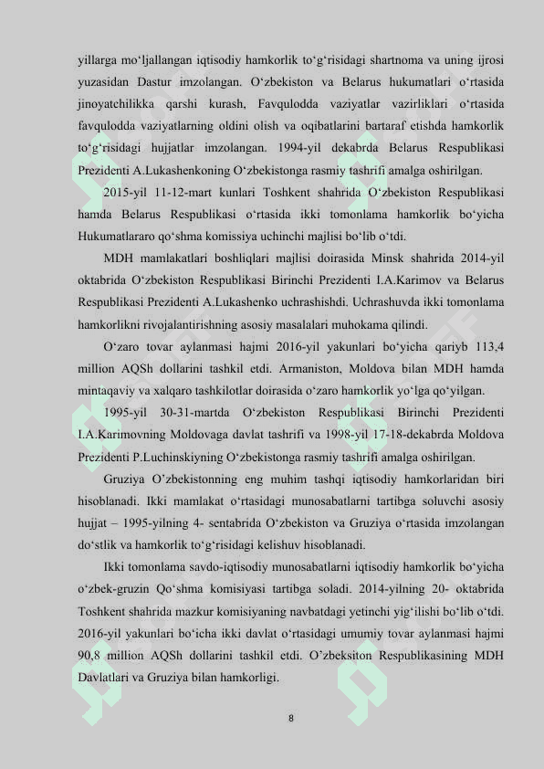 O'zbekistonning MDH davlatlari bilan o'zaro hamkorligi 8