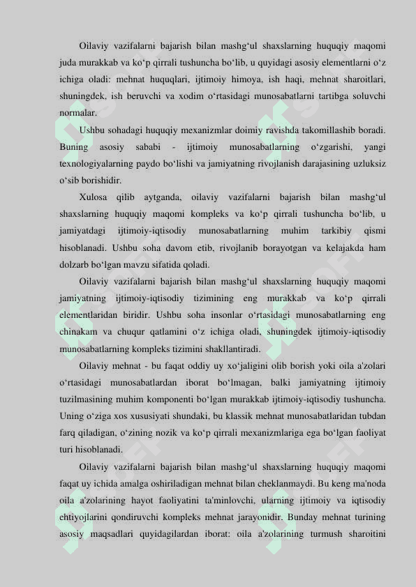 Ayollarni va oilaviy vazifalarni bajarish bilan mashg‘ul shaxslarning mehnatini huquqiy jihatdan tartibga solishning o‘ziga xos xususiyatlari 4