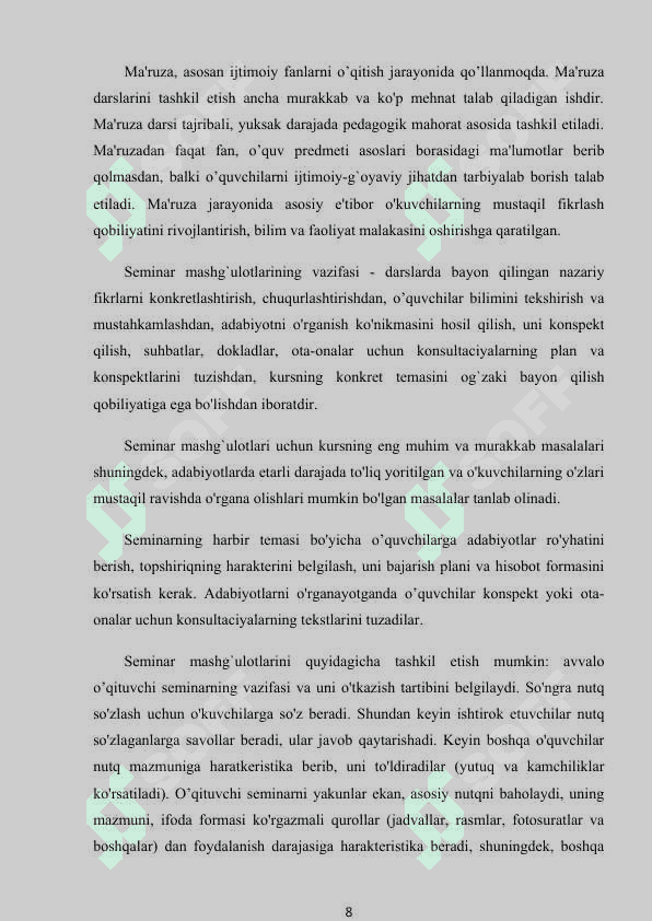 Pedagogik fanlarni o’qitishning asosiy shakillari 8