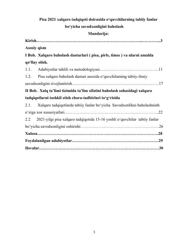 Pisa 2021 xalqaro tadqiqoti doirasida o‘quvchilarning tabiiy fanlar bo‘yicha savodxonligini baholash