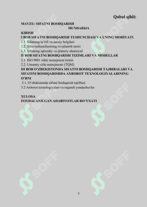 MAVZU: SIFATNI BOSHQARISH. Kurs ishi 2