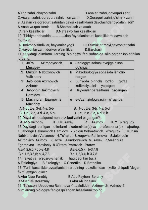 5-sinf Biologiya fanidan 18 ta bobdan  test topshiriqlari 6