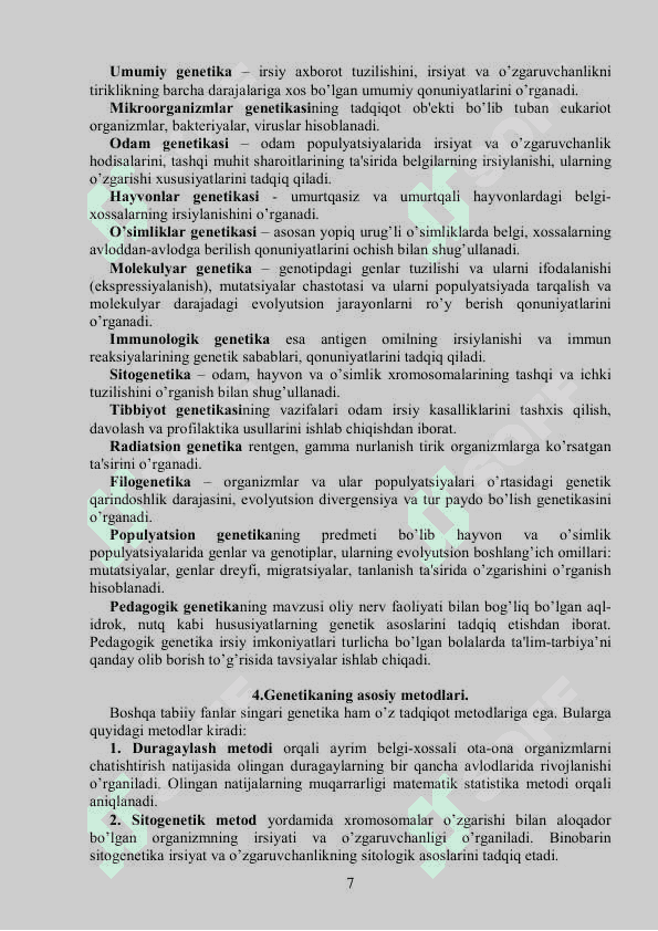 GENETIKA VA EVOLYUTSION TA’LIMOT 7