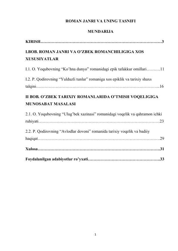 ROMAN JANRI VA UNING TASNIFI 1
