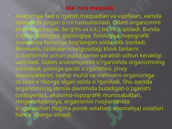 «Anatomiyaga faniga kirish, fanning rivojlanish tarixi. Abu Ali Ibn Sinoning anatomiya fanining rivojlanishiga qo`shgan xissasi. Odam tanasininng konstitutsiyasi va yoshga qarab o`zgarishi. Odam skeleti haqida umumiy ma`lumot. Tanat suyaklari. Umurtqa pog’onasi. Umurtqalar. Qovurg’alar. Tush suyagi. Kurak suyagi 2