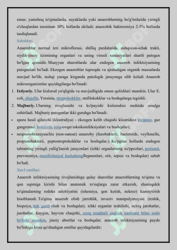 UMUMIY VA MAXALLIY, SPESIFIK VA NOSPESIFIK, AEROB VA ANAEROB INFEKSIYALARDA ISITMA, TERIDAGI O‘ZGARISHLAR BILAN BEMORLARGA XIRURGIK MUALAJALARNI BAJARISH. QON TO‘XTATISHNING VAQTINCHA VA DIOMIY USULLARINI QO‘LLASH. QOQSHOLNING SPESIFIK PROFILAKTIKASI. BIRLAMCHI, KECHIKTIRILGAN VA IKKILAMCHI CHOKLAR QO‘YISH, CHOKLARNI OLISH, YARAGA BOYLAM QO‘YISH. ANAEROB VA O'RKIR SPETSIFIK INFEKSIYA 2