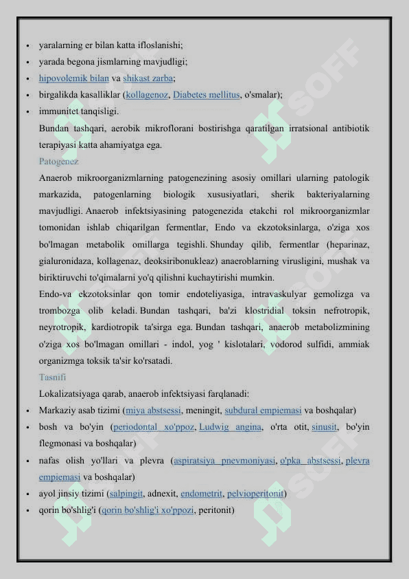 UMUMIY VA MAXALLIY, SPESIFIK VA NOSPESIFIK, AEROB VA ANAEROB INFEKSIYALARDA ISITMA, TERIDAGI O‘ZGARISHLAR BILAN BEMORLARGA XIRURGIK MUALAJALARNI BAJARISH. QON TO‘XTATISHNING VAQTINCHA VA DIOMIY USULLARINI QO‘LLASH. QOQSHOLNING SPESIFIK PROFILAKTIKASI. BIRLAMCHI, KECHIKTIRILGAN VA IKKILAMCHI CHOKLAR QO‘YISH, CHOKLARNI OLISH, YARAGA BOYLAM QO‘YISH. ANAEROB VA O'RKIR SPETSIFIK INFEKSIYA 3