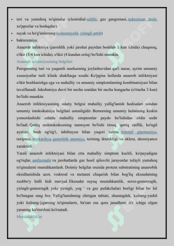 UMUMIY VA MAXALLIY, SPESIFIK VA NOSPESIFIK, AEROB VA ANAEROB INFEKSIYALARDA ISITMA, TERIDAGI O‘ZGARISHLAR BILAN BEMORLARGA XIRURGIK MUALAJALARNI BAJARISH. QON TO‘XTATISHNING VAQTINCHA VA DIOMIY USULLARINI QO‘LLASH. QOQSHOLNING SPESIFIK PROFILAKTIKASI. BIRLAMCHI, KECHIKTIRILGAN VA IKKILAMCHI CHOKLAR QO‘YISH, CHOKLARNI OLISH, YARAGA BOYLAM QO‘YISH. ANAEROB VA O'RKIR SPETSIFIK INFEKSIYA 4