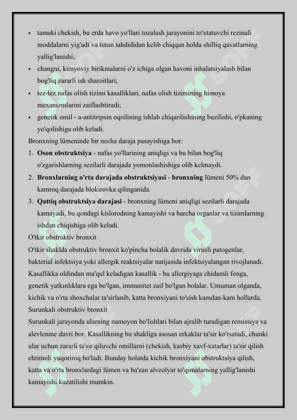 BRONXLAR O’TKAZUVCHANLIGINING BUZILISH SINDROMI O’TKIR VA SURUNKALI BRONXLAR. OBSTRUKTIV VA NOOBSTRUKTIV 4