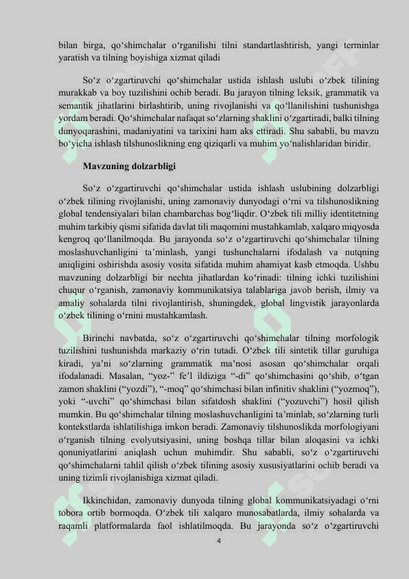 MAVZU: Soʻz oʻzgartiruvchi qoʻshimchalar ustida ishlash uslubi. Kurs ishi 4