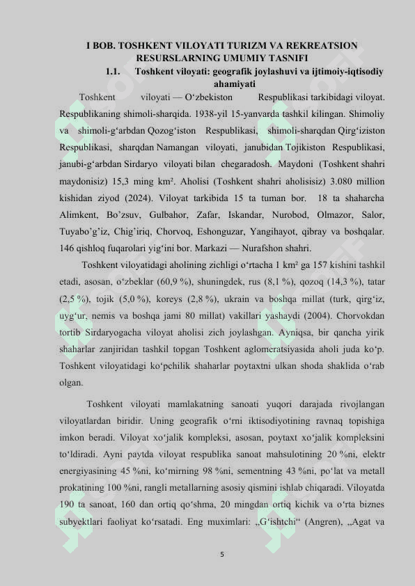 TOSHKENT VILOYATI TURIZM VA REKREATSIYA GEOGRAFIYASI 5