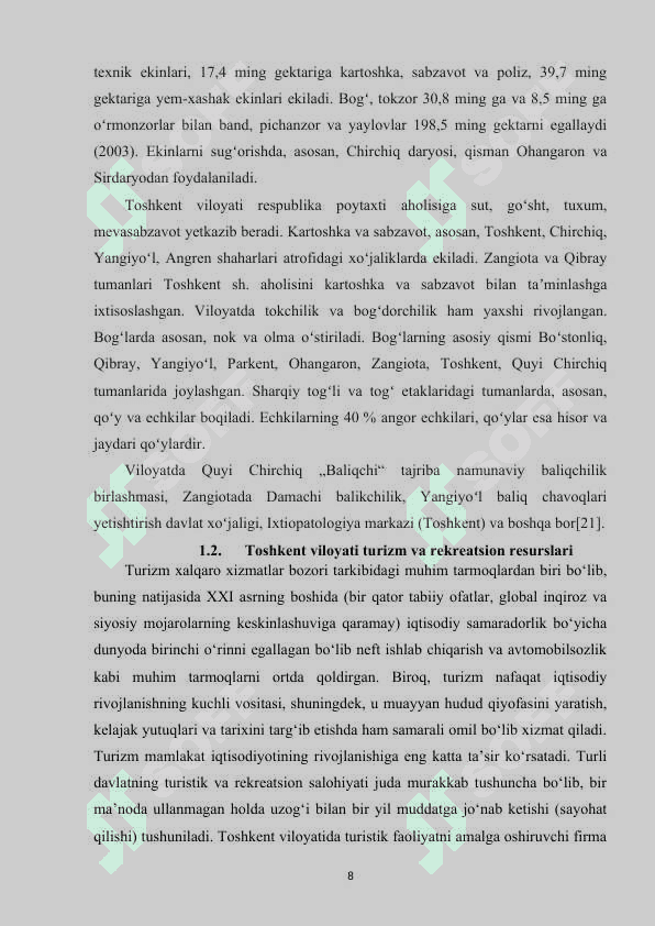 TOSHKENT VILOYATI TURIZM VA REKREATSIYA GEOGRAFIYASI 8