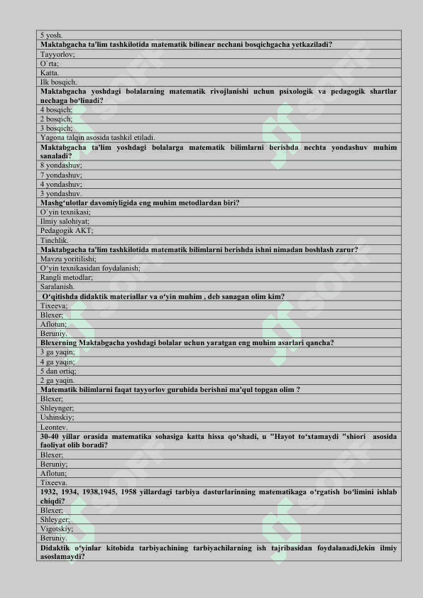 Maktabgacha ta`lim yo`nalishidan test 2