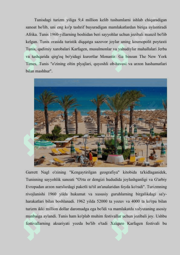 Tunis Turizm resurslari va uning turizmni rivojlantirish istiqbollari 2