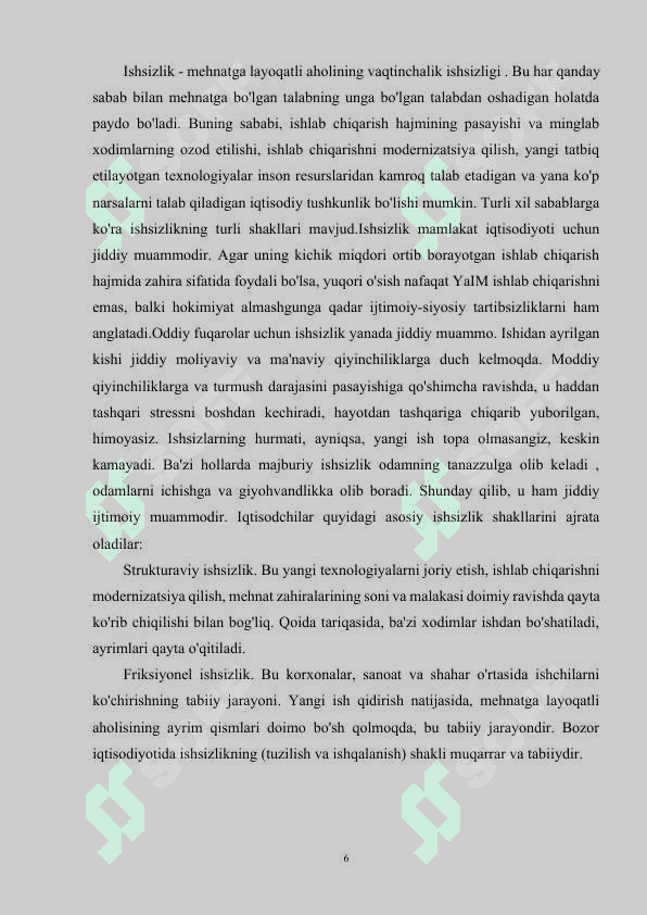 ISHSIZLIKNING IQTISODIY OQIBATLARI. A.OUKEN QONUNI 6