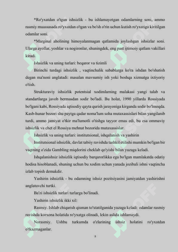 ISHSIZLIKNING IQTISODIY OQIBATLARI. A.OUKEN QONUNI 8