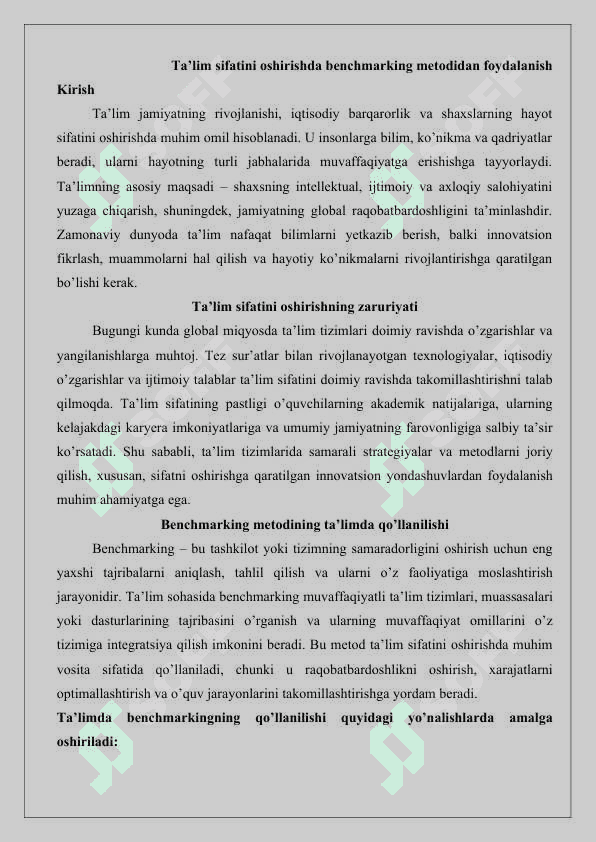Ta’lim sifatini oshirishda benchmarking metodidan foydalanish.25 2