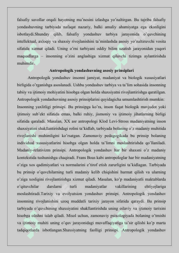 Falsafiy-antropologik yondashuv tarbiya jarayonini tashkil etishning metodologik asosi sifatida.25 4