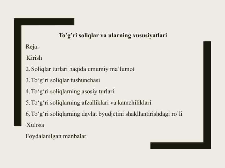 To’g’ri soliqlar va ularning xususiyatlari 25 1
