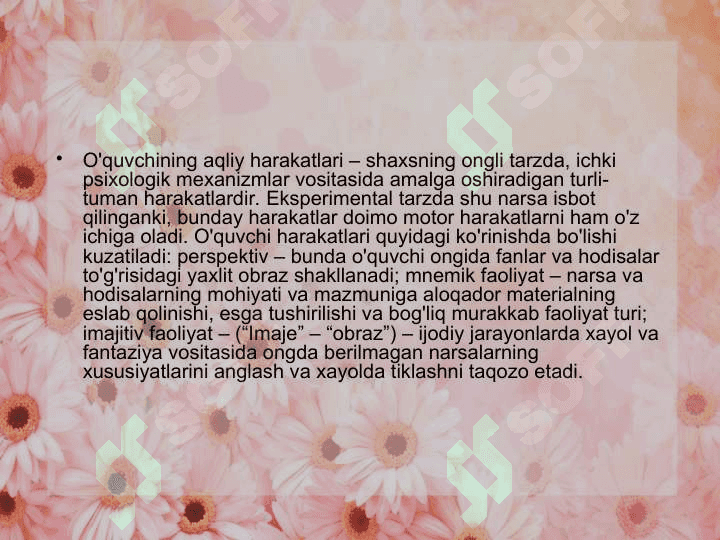 Bolaning aqliy, jismoniy va estetik rivojlanishi pedagogik tashxislashning metodlarini amaliy o’rganish 8