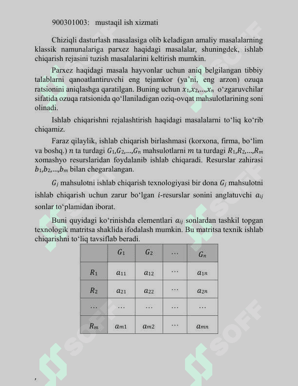 Chiziqli dasturlash masalasining qo’yilishi (maqsad funksiya, chegaraviy shartlar,  matematik model)   Chiziqli dasturlash (CHD) – bu chiziqli mezonlar va o‘zgaruvchilarning chiziqli bog‘liqligini ifodalovchi ekstremal masalalarni yechish usullarini o‘rganuvchi matematik dasturlashning bir yo‘nalishi hisoblanadi.   Chiziqli dasturlash masalasining (CHDM) umumiy qo‘yilishi quyidagi ko‘rinishda shakllantiriladi. 3