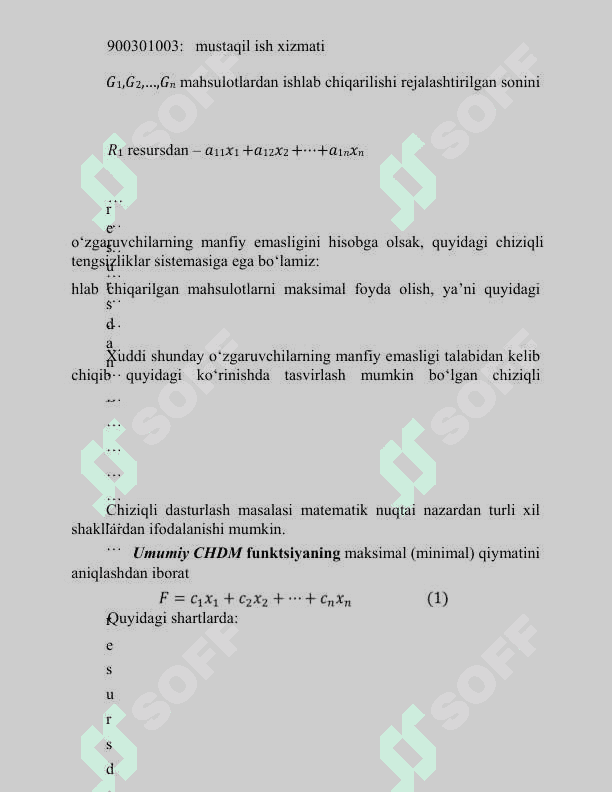 Chiziqli dasturlash masalasining qo’yilishi (maqsad funksiya, chegaraviy shartlar,  matematik model)   Chiziqli dasturlash (CHD) – bu chiziqli mezonlar va o‘zgaruvchilarning chiziqli bog‘liqligini ifodalovchi ekstremal masalalarni yechish usullarini o‘rganuvchi matematik dasturlashning bir yo‘nalishi hisoblanadi.   Chiziqli dasturlash masalasining (CHDM) umumiy qo‘yilishi quyidagi ko‘rinishda shakllantiriladi. 4