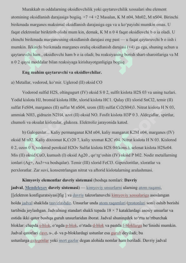 Elementlarning davriy jadvaldagi o‘rniga ko‘ra oksidlovchilik va qaytaruvchilik xossalarining o‘zgarishi | Referat | Mustaqil ish | 1-kurs | Kimyo 2