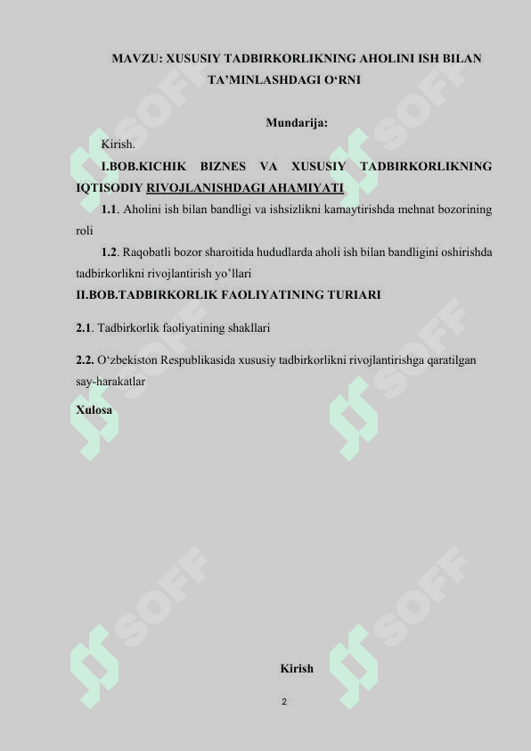 XUSUSIY TADBIRKORLIKNING AHOLINI ISH BILAN TA’MINLASHDAGI O‘RNI 2
