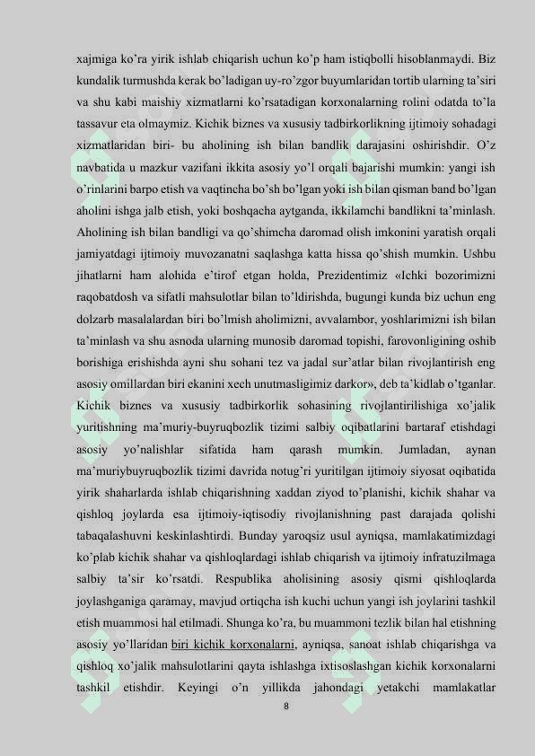 XUSUSIY TADBIRKORLIKNING AHOLINI ISH BILAN TA’MINLASHDAGI O‘RNI 8
