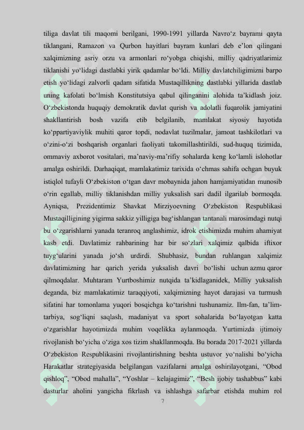 Yangilanayotgan O'zbekistonda milliy tiklanishda –milliy yuksalish sari 7