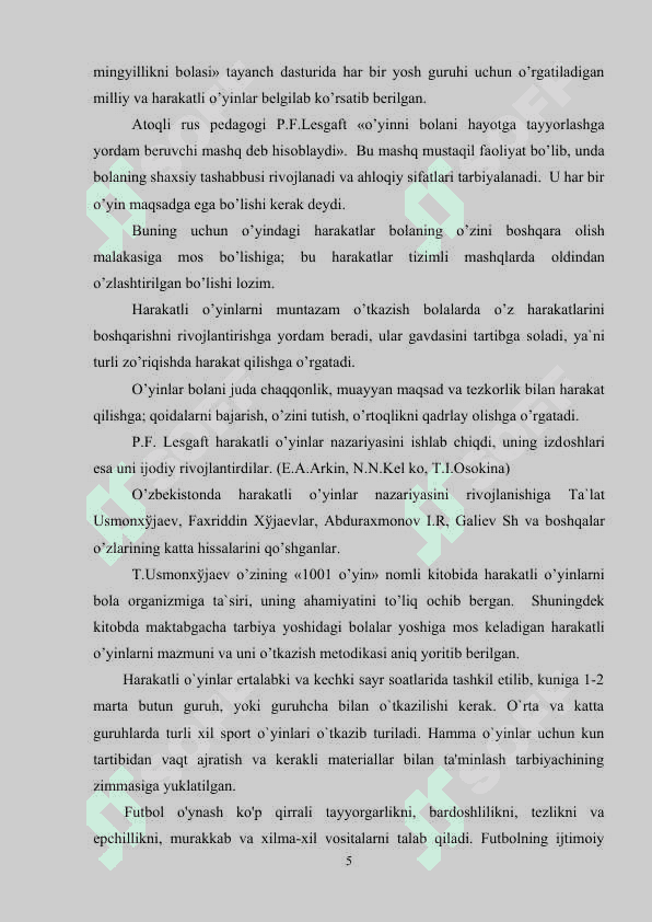 YOSH FUTBOLCHILARGA OYOQ KUCHINI HARAKATLI O’YINLAR YORDAMIDA RIVOJLANTIRISH SAMARADORLIGI 5