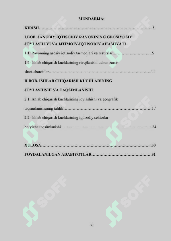 JANUBIY IQTISODIY RAYONIDA ISHLAB CHIQARISH KUCHLARINING  JOYLASHISH VA RIVOJLANISH XUSUSIYATLARI. 2