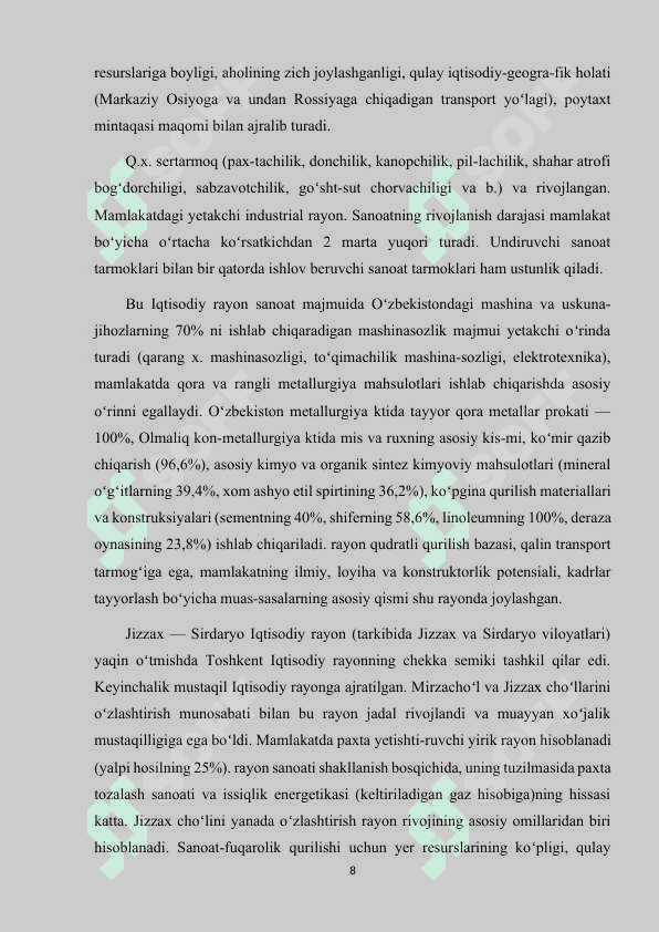 JANUBIY IQTISODIY RAYONIDA ISHLAB CHIQARISH KUCHLARINING  JOYLASHISH VA RIVOJLANISH XUSUSIYATLARI. 8