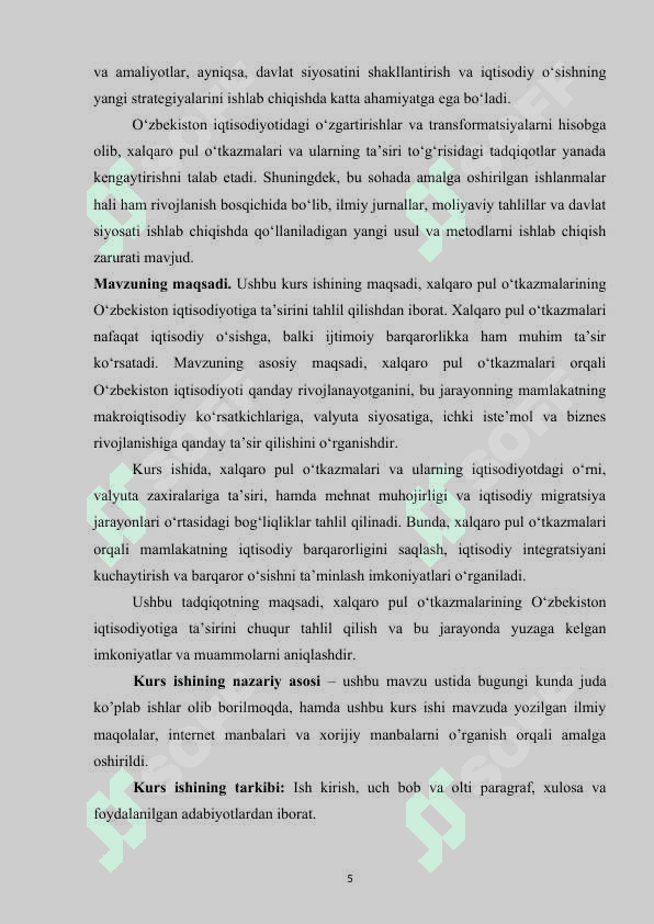 XALQARO PUL O'TKAZMALARINING O'ZBEKISTON IQTISODIYOTINING RIVOJLANISHIDAGI ROLI 5
