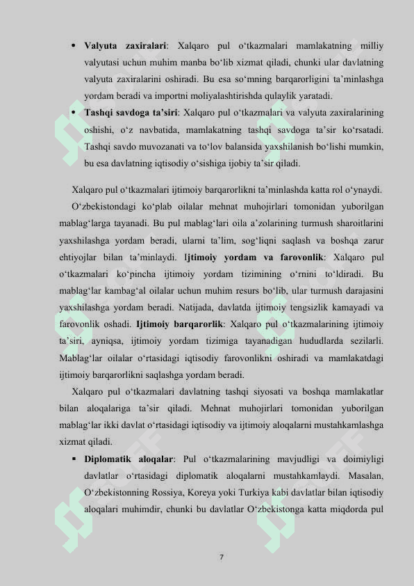 XALQARO PUL O'TKAZMALARINING O'ZBEKISTON IQTISODIYOTINING RIVOJLANISHIDAGI ROLI 7